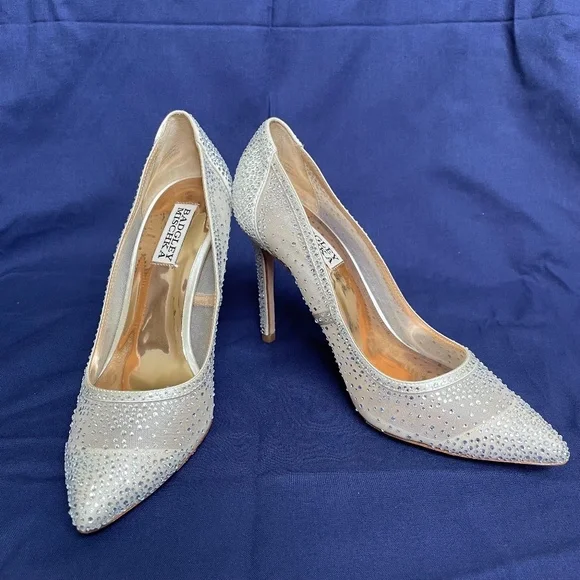 Badgley Mischka Weslee Embellished Satin & Mesh Pointed Toe Pumps - Picture 4 of 7